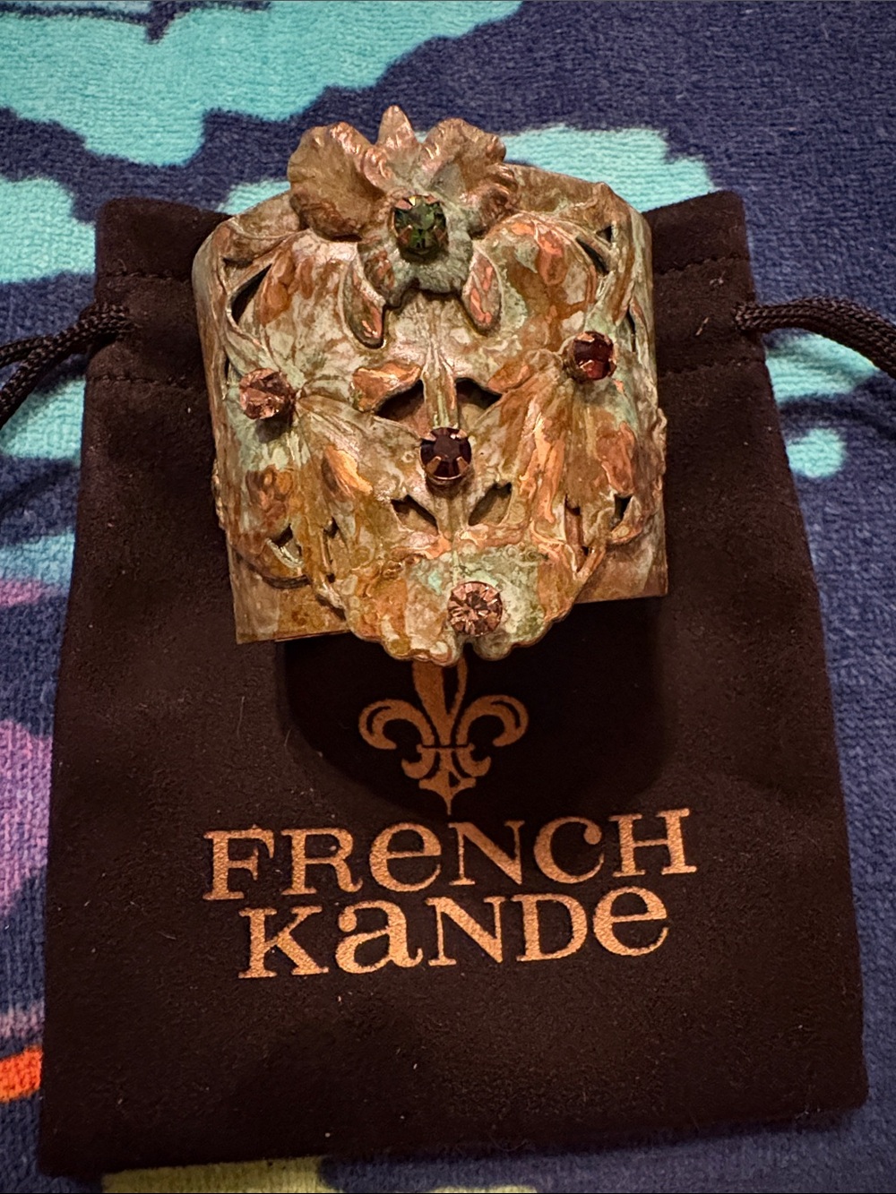 French Kande Floral Patina Cuff Bracelet - Green & Bronze (Cuff a little bent)